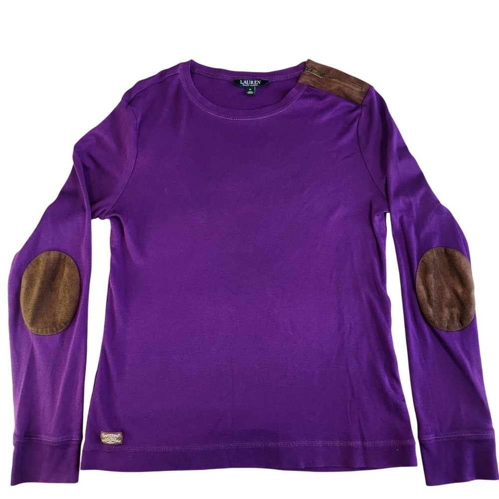 RALPH LAUREN Long Sleeve Shirt Top Womens XL Purple Equestrian Elbow Patches - Picture 2 of 9